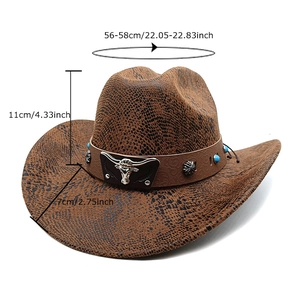 Brown snakeskin western cowboy hat with turquoise beads and metal bull head buckle