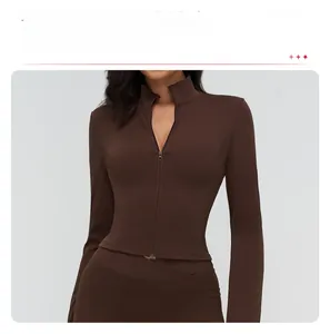Close-up of chocolate brown slim fit sports jacket with stand collar and zipper