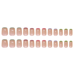 French tip press-on nails in nude pink with colorful square-round false nail tips