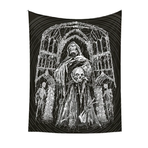 Gothic black and white tapestry featuring hooded Grim Reaper holding a skull in bone archway