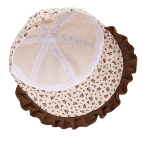 Vintage brown baby sun hat with floral pattern, corduroy ruffle brim and bow detail
