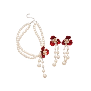 Elegant double-layer pearl necklace and red flower earrings jewelry set for women