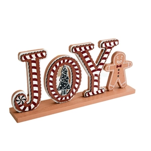 Christmas wooden JOY sign with gingerbread man and tree tabletop holiday decoration