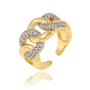 Adjustable two-tone copper ring with chain links and micro-pave zircons for women