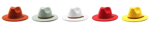 Row of five colorful wool fedora hats with brown leather belts on a white background
