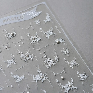 5D Relief Nail Stickers 3D Embossed White Lace Flower Butterfly Artificial Pearl Design French Elegant DIY Adhesive Decals