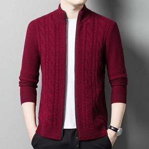 Men's burgundy stand collar cardigan sweater with cable knit texture and full zip closure