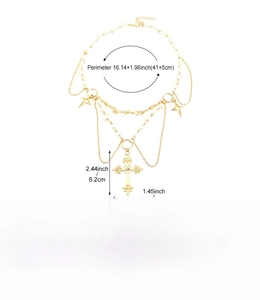 Detailoverzicht van punk gouden legering kruis ketting met parels en afmetingen