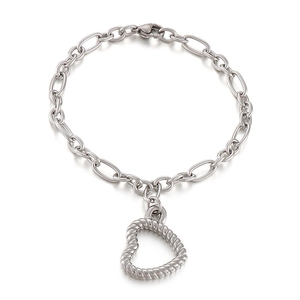 Vintage stainless steel chunky chain bracelet featuring a hollow textured heart pendant