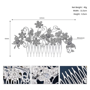 Detailed macro shots of the silver bridal hair comb showing rhinestones and metal texture