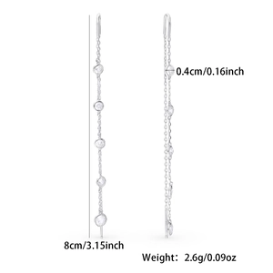 Detailed view of silver tassel earrings with round zirconia showing size 8cm length