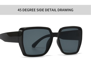 Detailed 45-degree side view of black square frame sunglasses with dark lenses