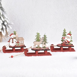 Three wooden Christmas sleigh decorations featuring Santa, Reindeer and Snowman for DIY gifts