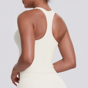 Detailed side-back view of cream white racerback sports vest in high-stretch fabric