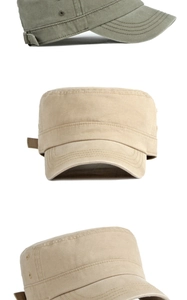 Detail of adjustable flat top army cap in washed cotton with metal side eyelets