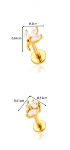 Detail of gold stainless steel marquise zircon ear studs with precise size dimensions