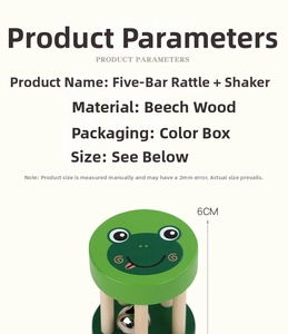 Detail view of beechwood five-pillar rattle and frog castanet in eco-friendly gift box