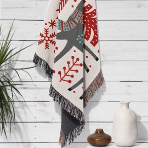 Close-up of woven Christmas throw blanket featuring colorful tassels and festive patterns