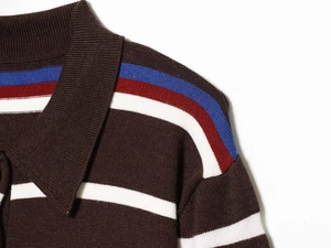 Detailaufnahme von Strick-Poloshirt mit Polokragen, weißen Streifen und rot-blauem Akzent