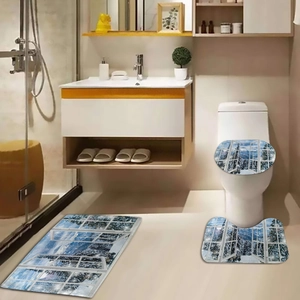 Winter snow forest scenery bathroom floor mat set with toilet lid cover and U-shaped rug
