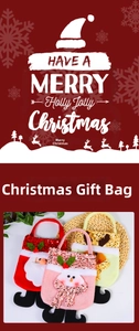 Detailed view of sequined Christmas felt gift bags featuring Santa, snowman, and reindeer