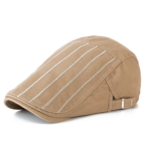 Classic cotton beret for men in khaki with stylish white stripe embroidery detail