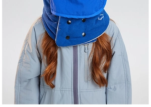 Detail of navy corduroy neck warmer with black buttons and Sport text branding