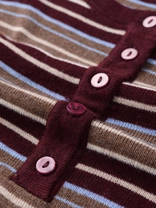 Macro detail of multi-colored striped knit cardigan featuring textured fabric and buttons