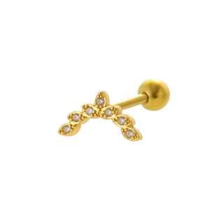 Detailed shot of gold curved cubic zirconia ear stud with secure screw ball backing