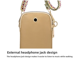Detail of khaki nylon shoulder bag showing headphone jack and woven strap