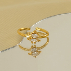 Elegant gold-plated open ring with double marquise cubic zirconia and beaded edge design