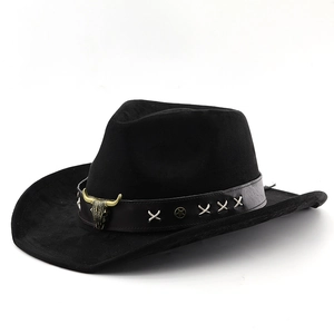 Black faux suede western cowboy hat with a metal bull skull ornament and leather band