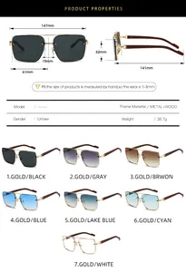 Detailed size specifications for wood grain sunglasses with frame width of 147mm