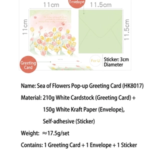 Creative 3D pop-up tulip flower greeting card set with envelope and sticker labels