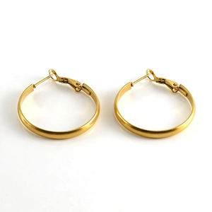 Minimalist matte gold stainless steel hoop earrings for women on a white background