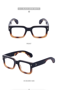 Front and 45-degree angle view of vintage square sunglasses in black demi white