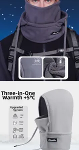 Detail showing grey 3-in-1 fleece winter balaclava with adjustable drawstring and tags