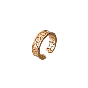 Bague ouverte fleur évidée en or rose sertie de pierres en zircon étincelantes