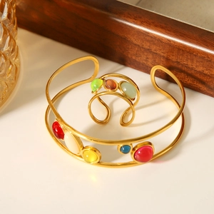 French retro gold-plated open bangle and ring set with colorful natural stone inlays