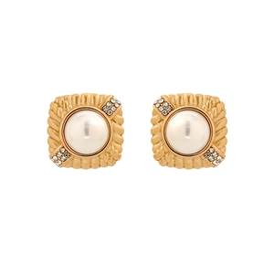 Vintage golden square stud earrings with central pearl and rhinestone accents on white