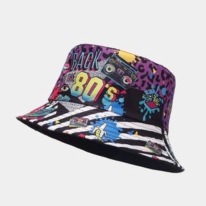 Detail of vibrant 80s retro graffiti bucket hat featuring bold back to the 80s print