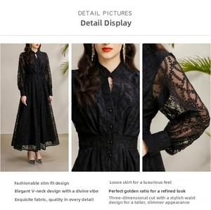 Detailed views of a black lace dress with V-neckline, lantern sleeves, and floral embroidery