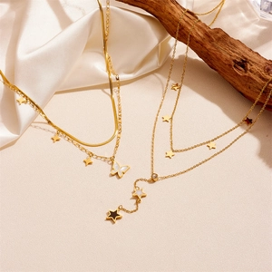 Women's Titanium Steel Double Layer Necklace Fashion Butterfly Star Rhinestone Tassel Pendant Necklace Gold Jewelry