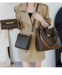 Three-piece women's handbag set in dark brown geometric print shown on a fashion model