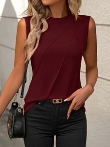 Women's burgundy sleeveless slim-fit knit tank top featuring stylish diagonal pleats