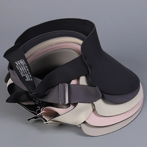 Close-up of adjustable sun visors showing nylon spandex blend fabric labels and metal buckles