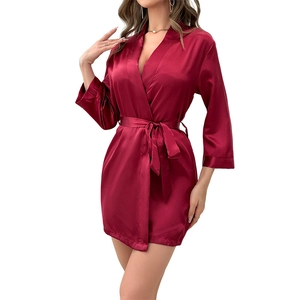 Elegant red satin V-neck bathrobe for women with tie waist and smooth silk-like texture