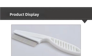 Macro detail of fine stainless steel teeth and ergonomic handle of the pet grooming comb