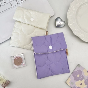 Mini Quilted Heart Storage Pouch Soft Polyester Portable Sanitary Napkin Bag Earphone Organizer With Snap Button Cute