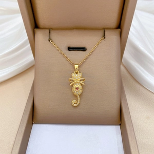 Cat Pendant Necklace Gold Titanium Steel Chain Copper Micro Paved Rhinestone Heart Gemstone Bowknot Jewelry For Women